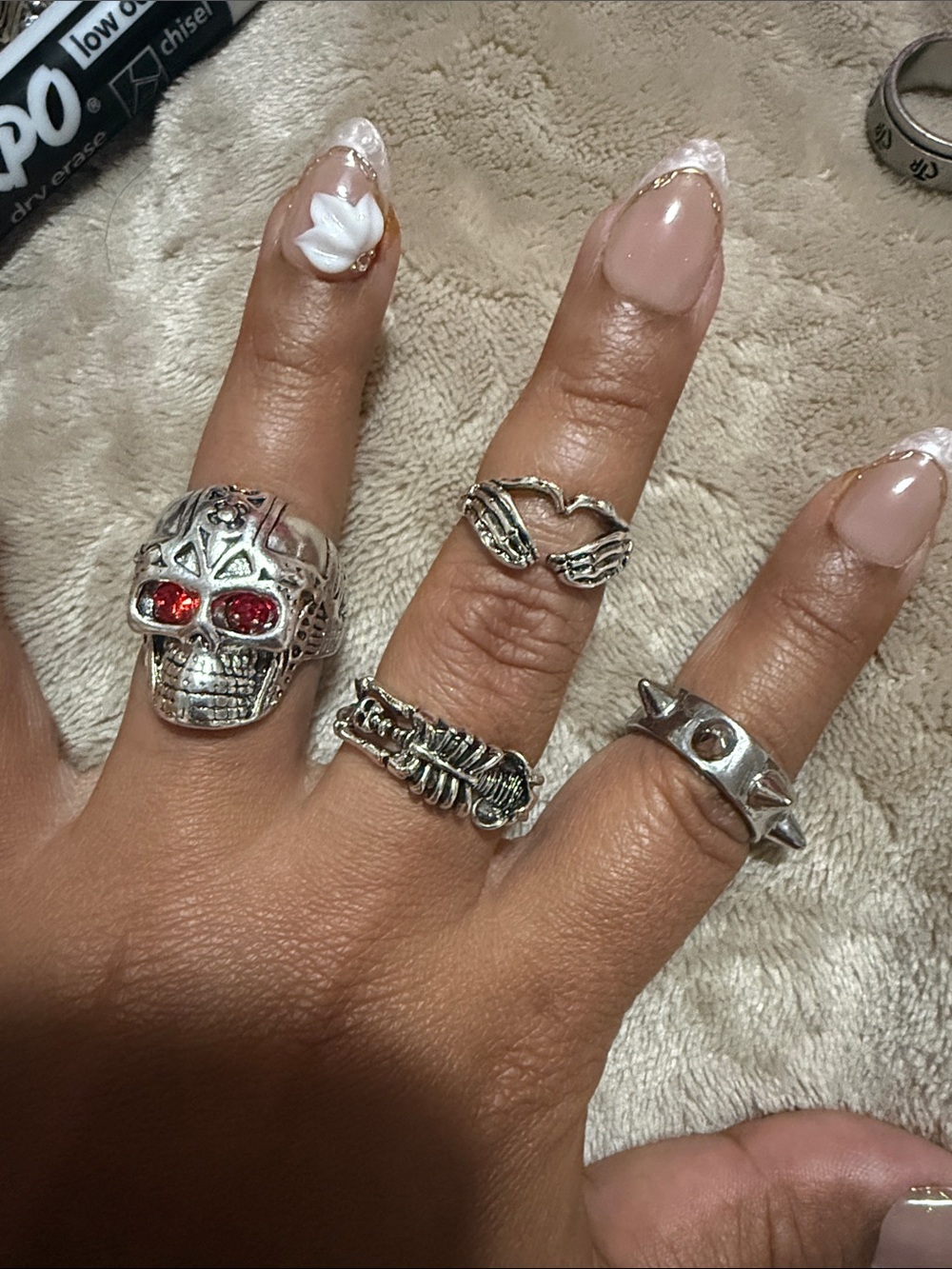 Silver tone Skull & Spike Ring Set - Silver